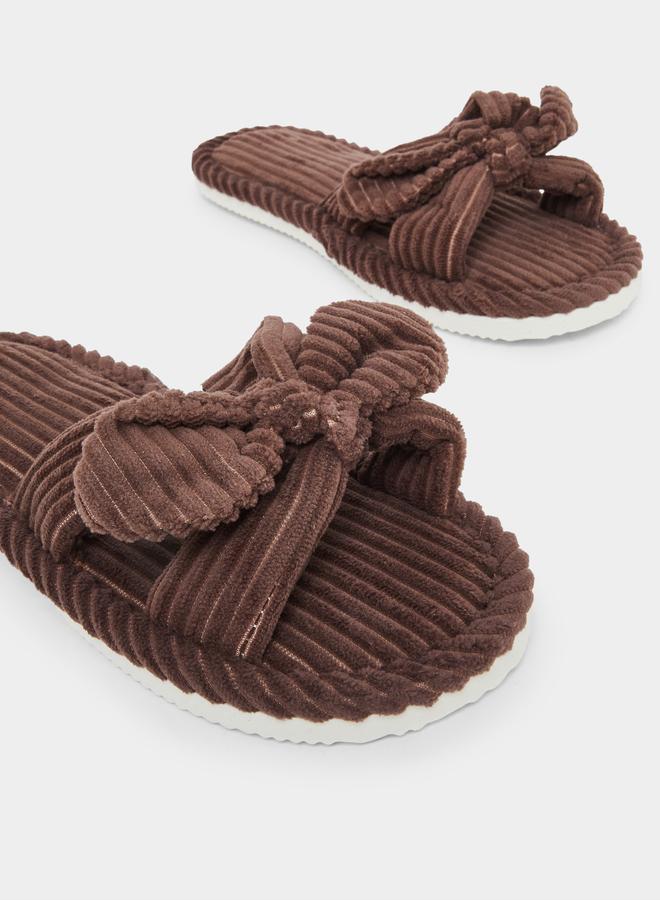 Styli Women Brown Corduroy Bow Slippers - Image 4